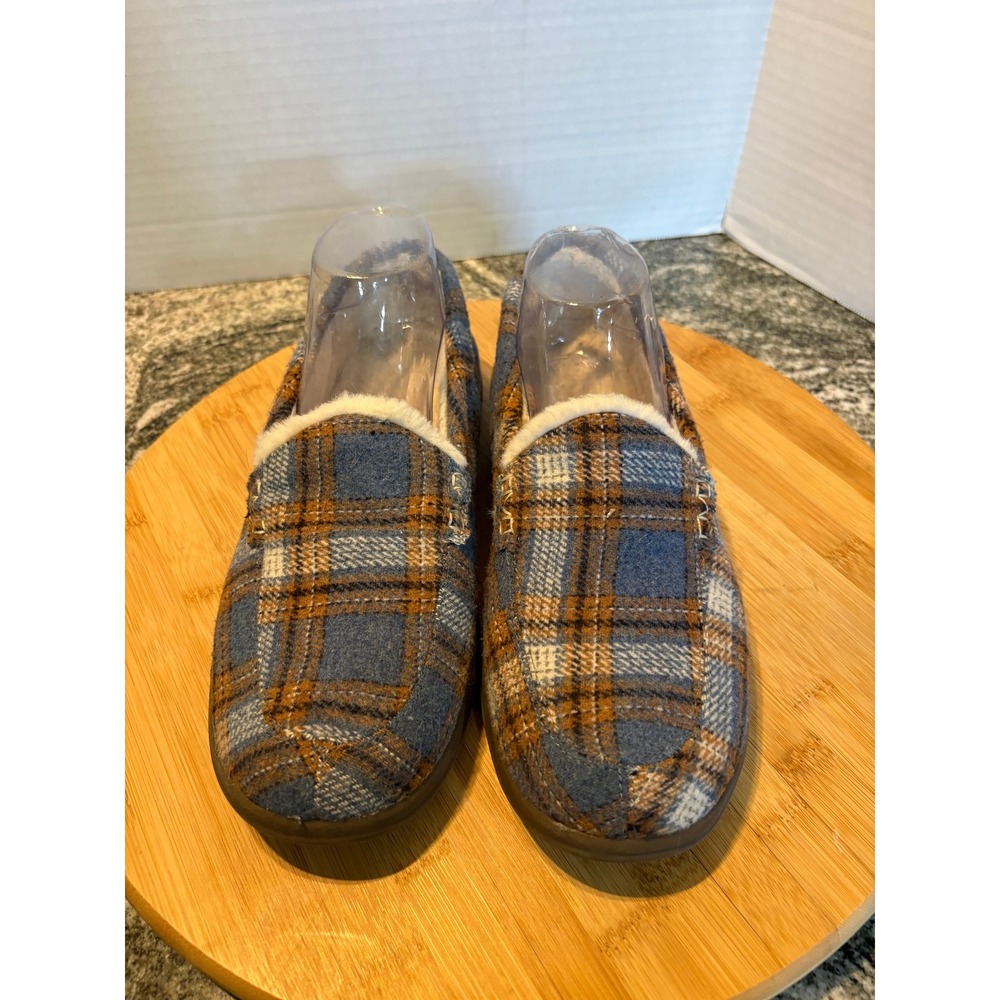 Vionic Lynez Plaid FauxFur Lined Slippers Blue Brown Orthotic Loafers Womens 9.5